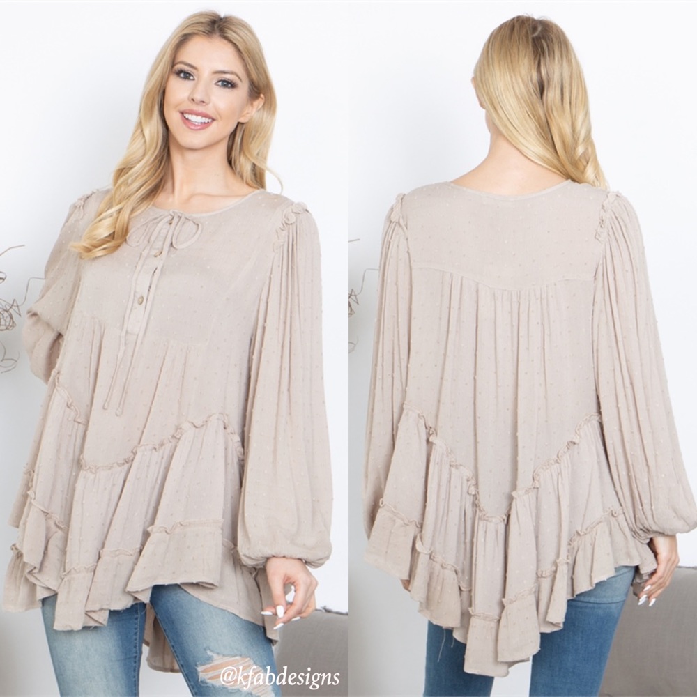 LAST 2! Asymmetric Hem- Functional button and tie detail Khaki Swiss Dot Top! - Picture 3 of 6